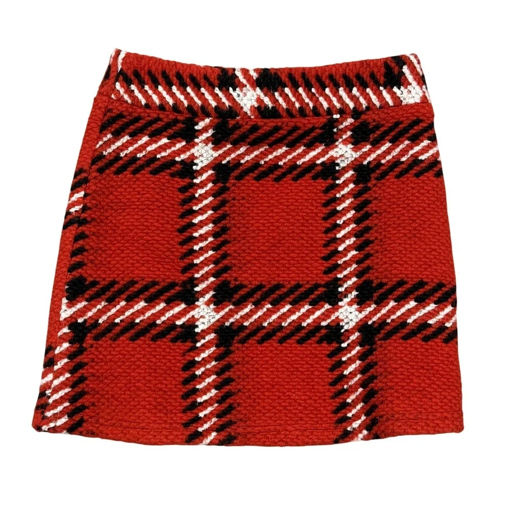 Topshop Skirt Womens 8 Red Plaid Wool Blend Tweed Mini High Waist Back Zip‎